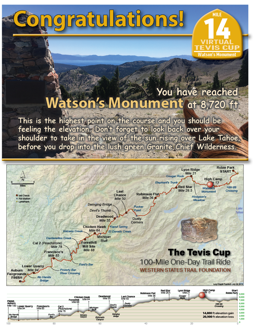 Congratulations - You have reached  Watson’s Monument at 8,774 ft. This is the highest point on the course and you should be feeling the elevation. Don’t forget to look back over your shoulder to take in the view of the sun rising over Lake Tahoe, before you drop into the lush green Granite Chief Wilderness. 