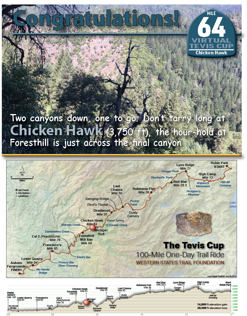 Two canyons down, one to go. Don’t tarry long at Chicken Hawk (3,750 ft), the hour-hold at Foresthill is just across the final canyon.